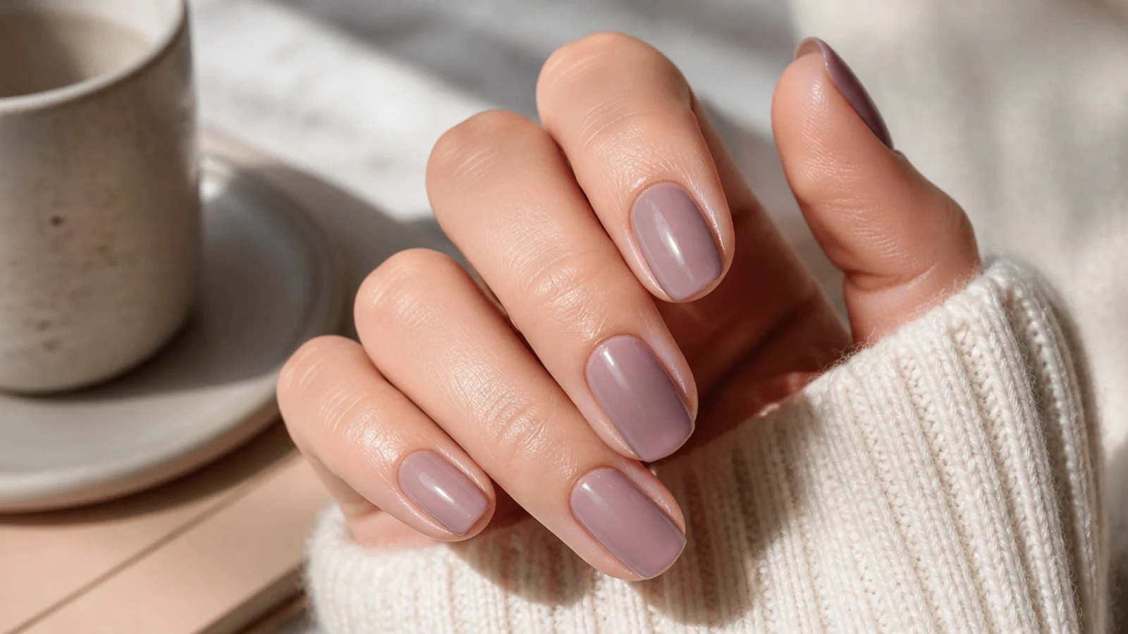 Medium oval nails in a muted dusty mauve gray-pink cream with a soft gloss finish