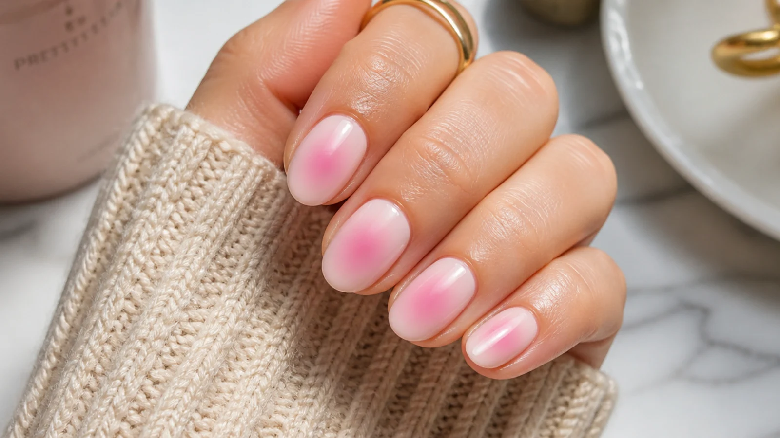Medium oval nails with a soft pink aura halo airbrushed into the center of a pale nude base