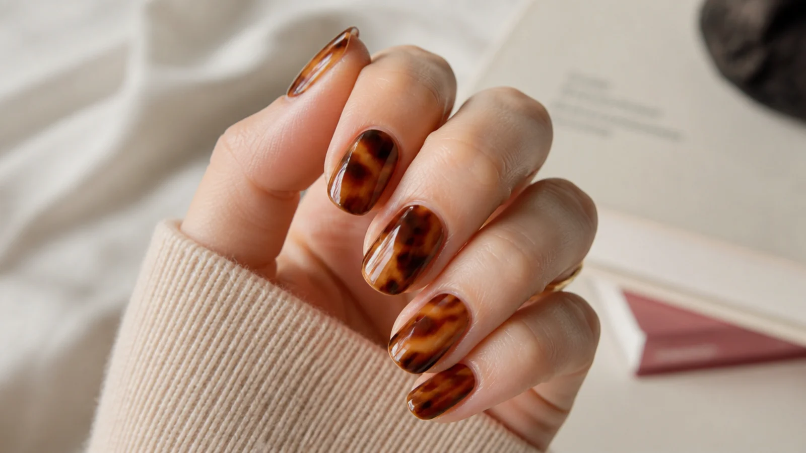 Medium oval nails with mottled amber caramel and dark brown tortoiseshell patches under gloss