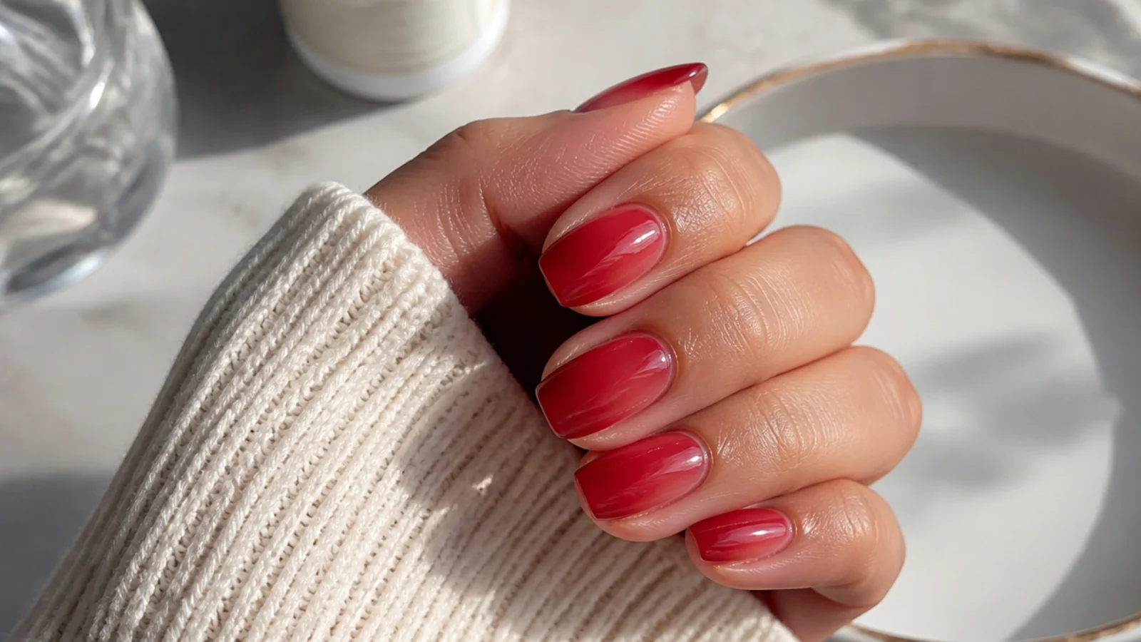 Medium oval nails in a translucent jelly red showing the natural nail through the tinted overlay