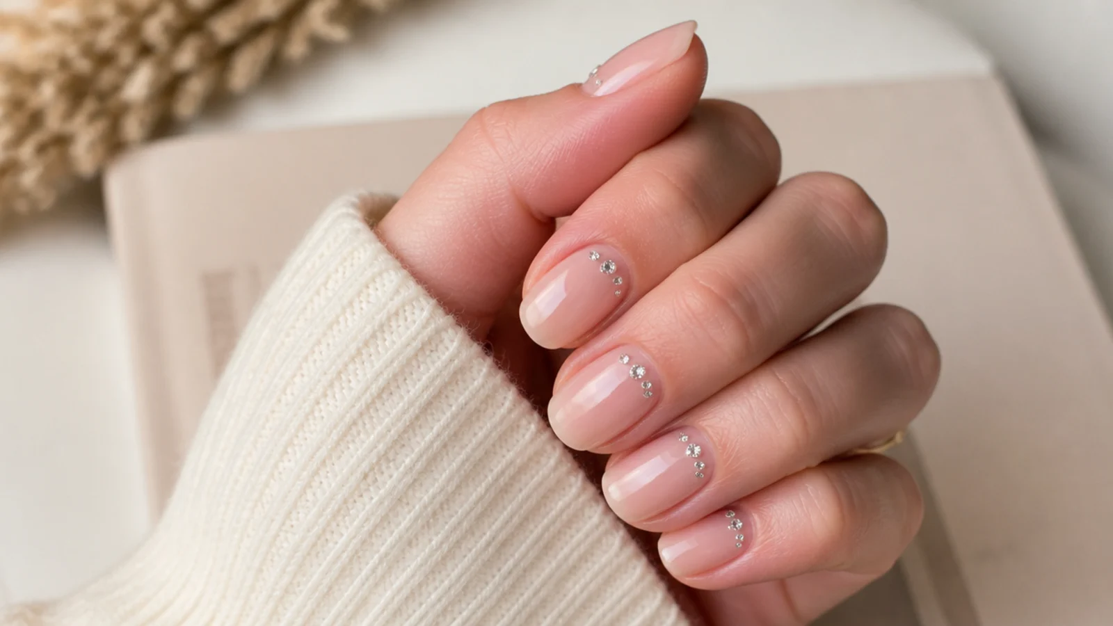 Medium oval nails with a scatter of tiny clear rhinestones near the cuticle on a sheer base