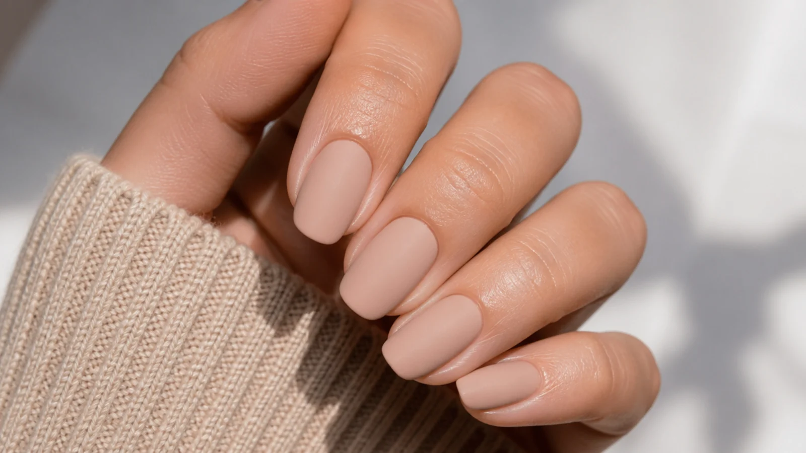 Medium oval nails in a flat matte nude finish with a velvety surface and no shine
