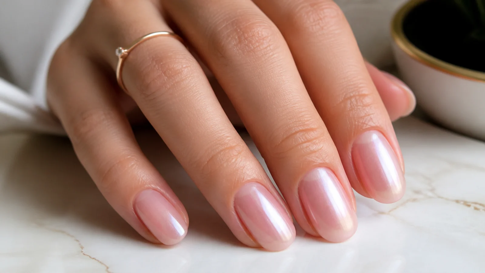 Medium oval nails with a glassy translucent soap nail finish and a faint pearl sheen