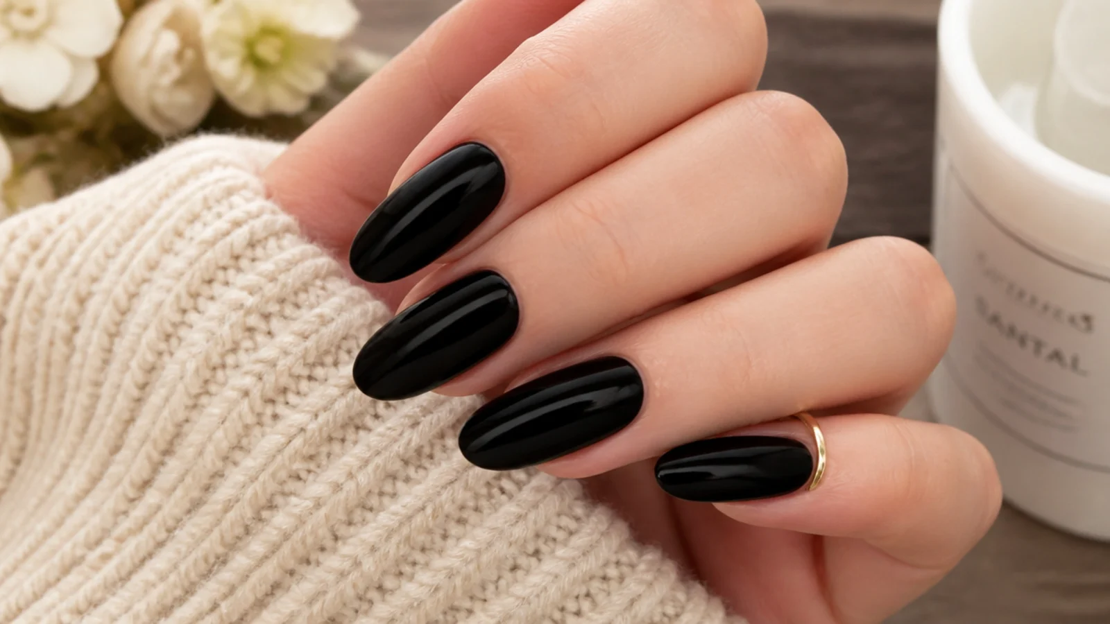 Long oval nails in high gloss opaque black with smooth curved tips and even sidewalls
