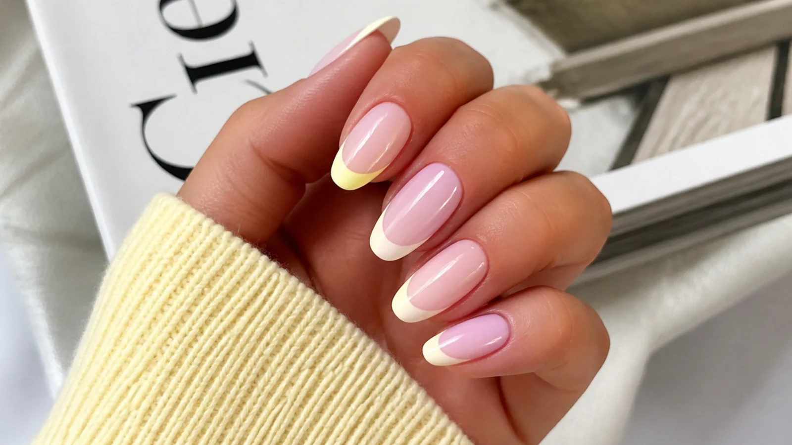 Long oval nails with butter yellow French tips curving around the edge over a sheer nude base