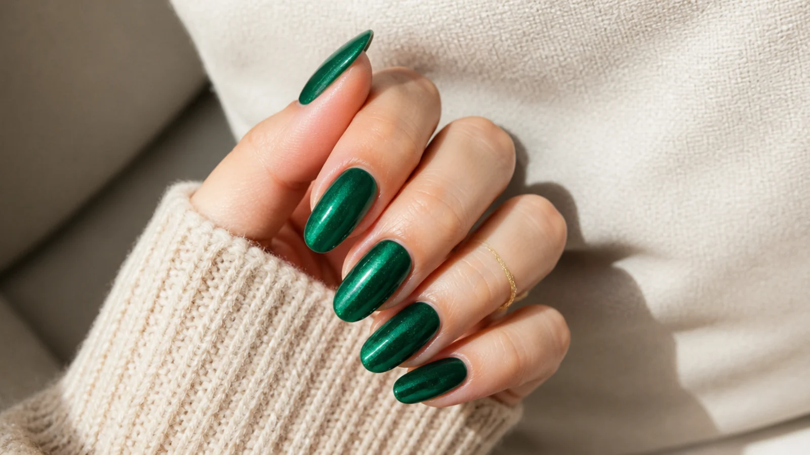 Long oval nails in a deep jewel-toned emerald green with a shimmering glossy finish
