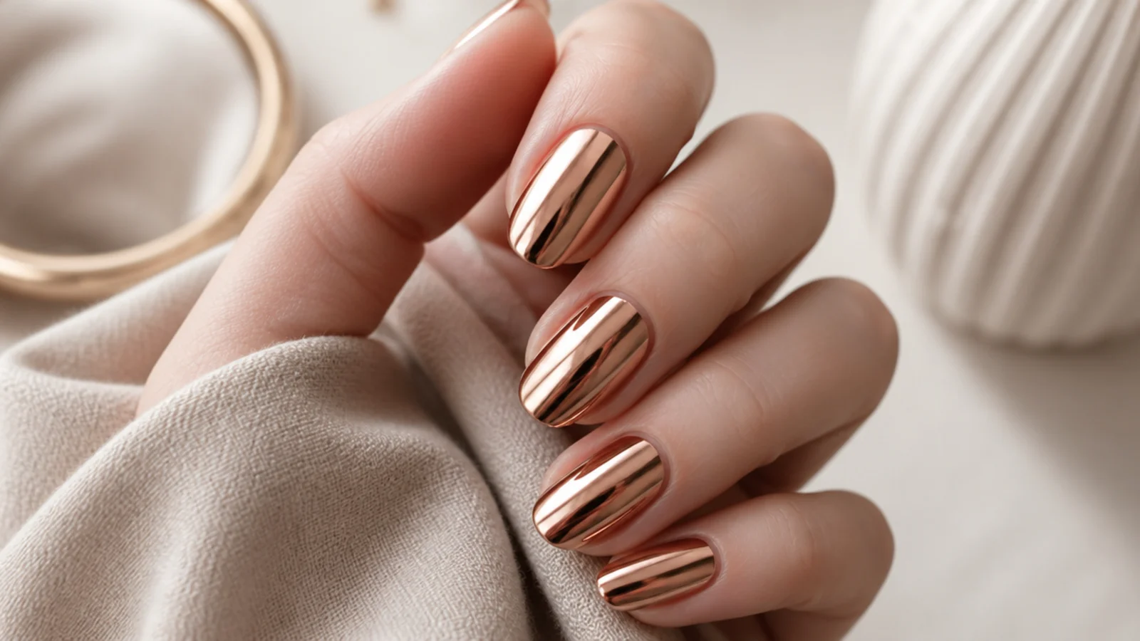 Long oval nails with a rose gold chrome mirror finish reflecting a warm metallic gradient