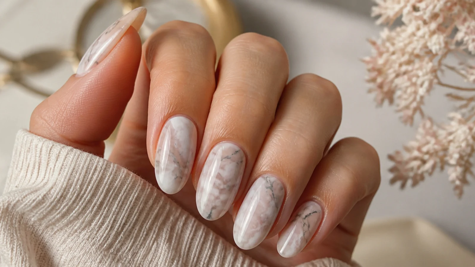 Long oval nails with fine gray and white marble veining swirled across a translucent base