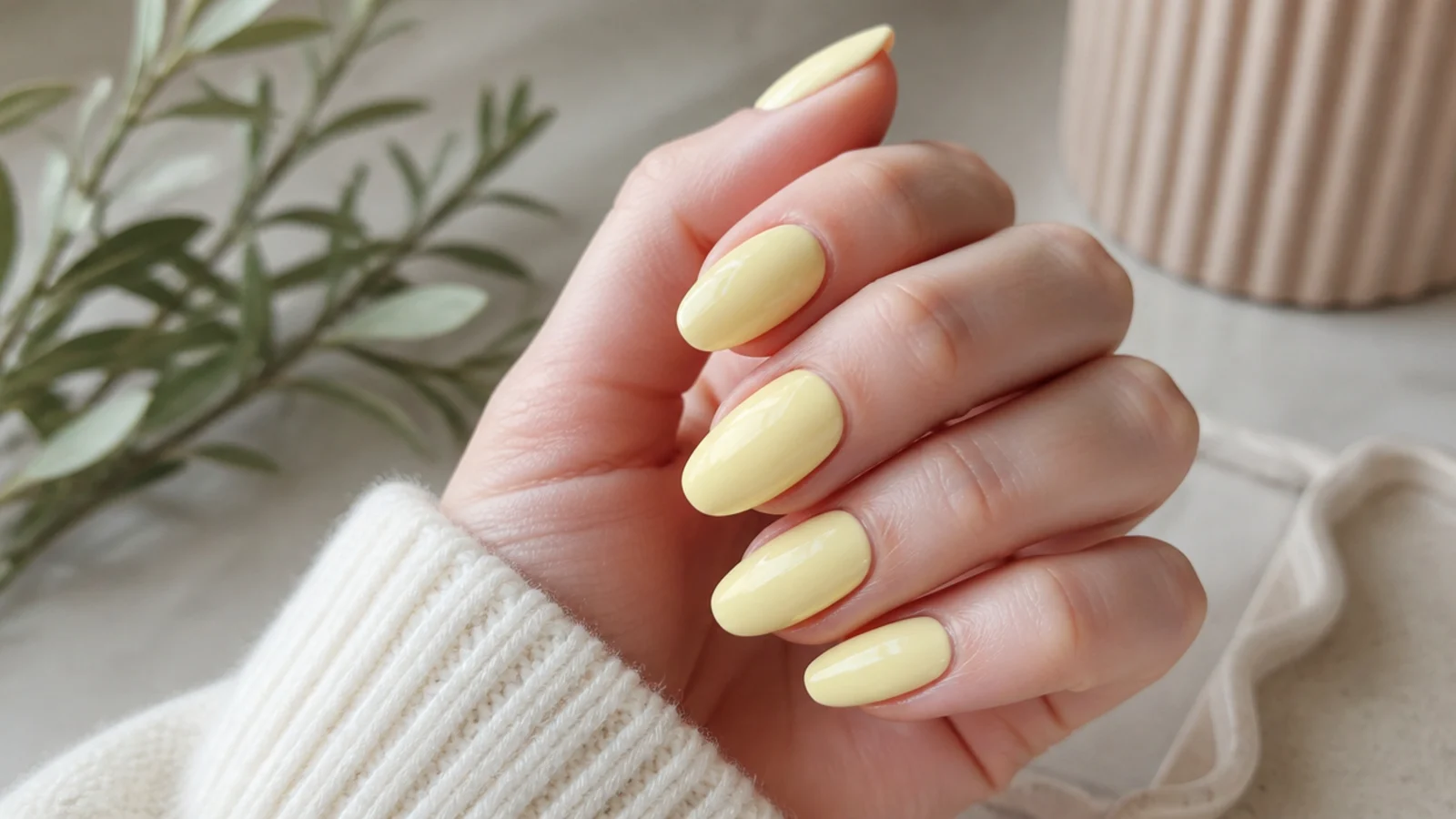 Long oval nails in a soft butter yellow cream finish with high gloss and even coverage