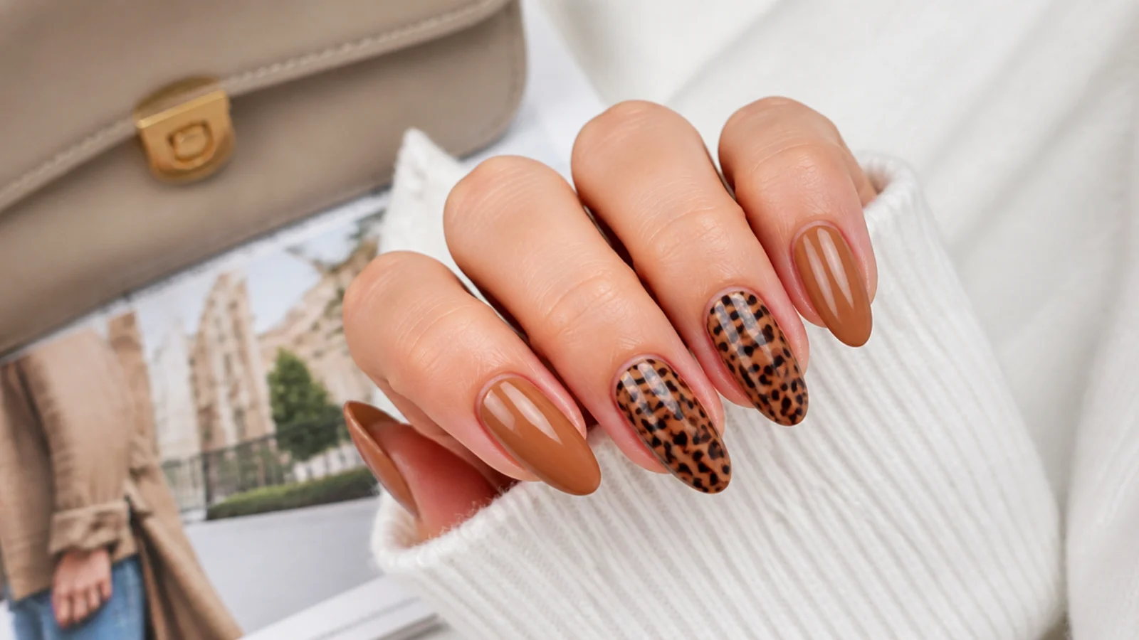 Long oval nails in caramel with brown and black leopard print spots on two accent fingers