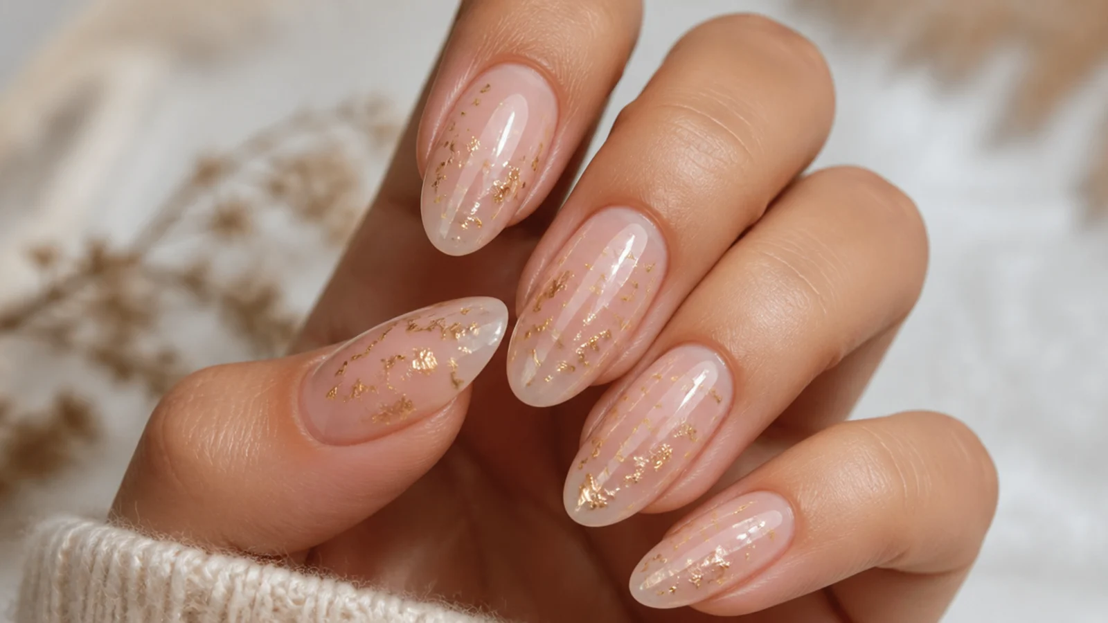 Long oval nails with torn gold leaf flecks scattered under a glossy clear top coat on a nude base