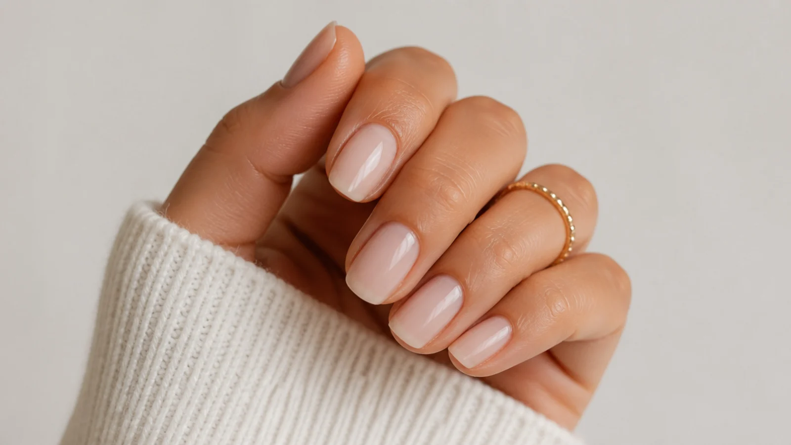 Medium length oval nails in milky nude with rounded tips and curved sidewalls on a plain background