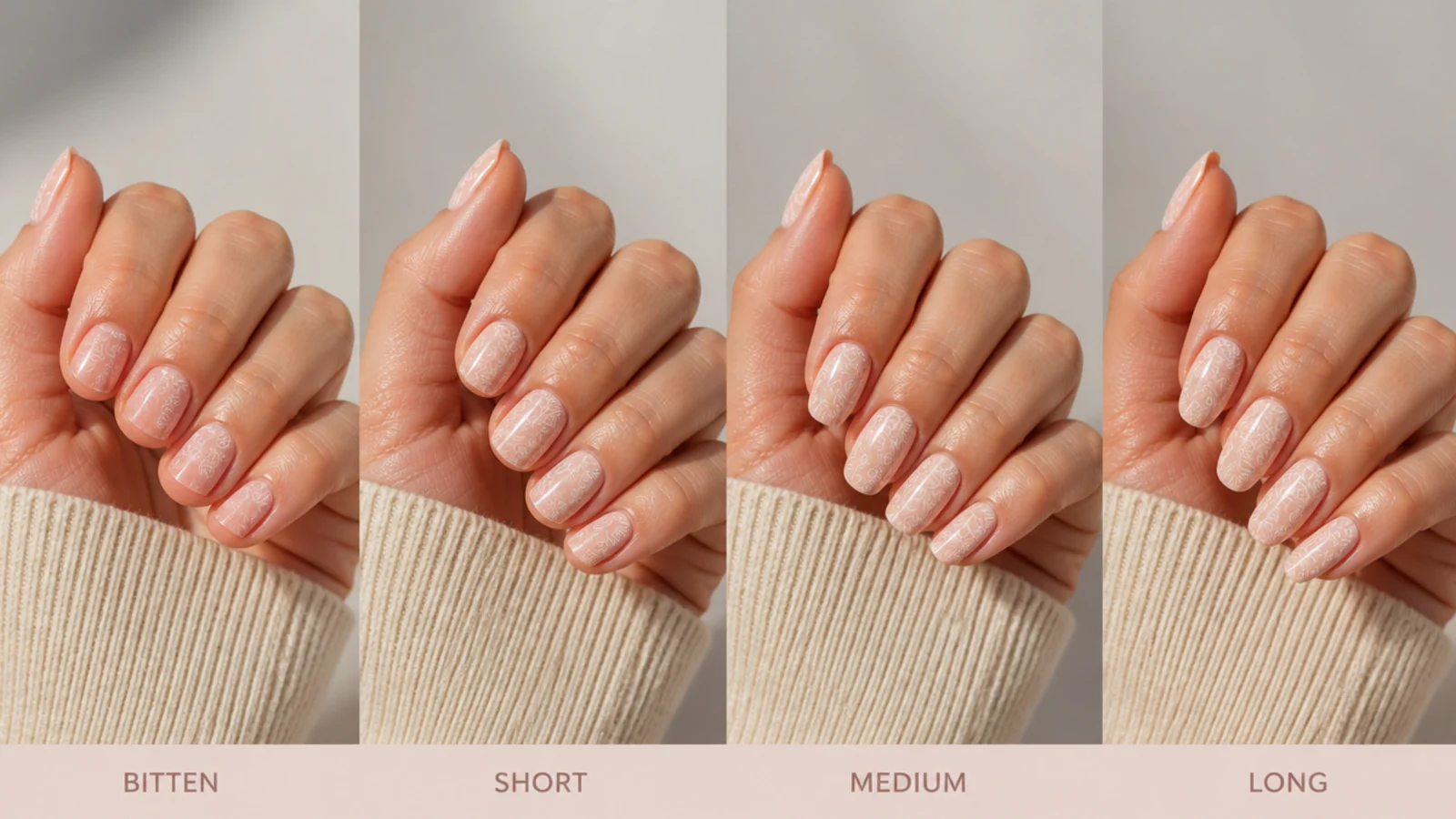 Four hands compared showing bitten, short, medium and long oval nails at increasing free edge lengths