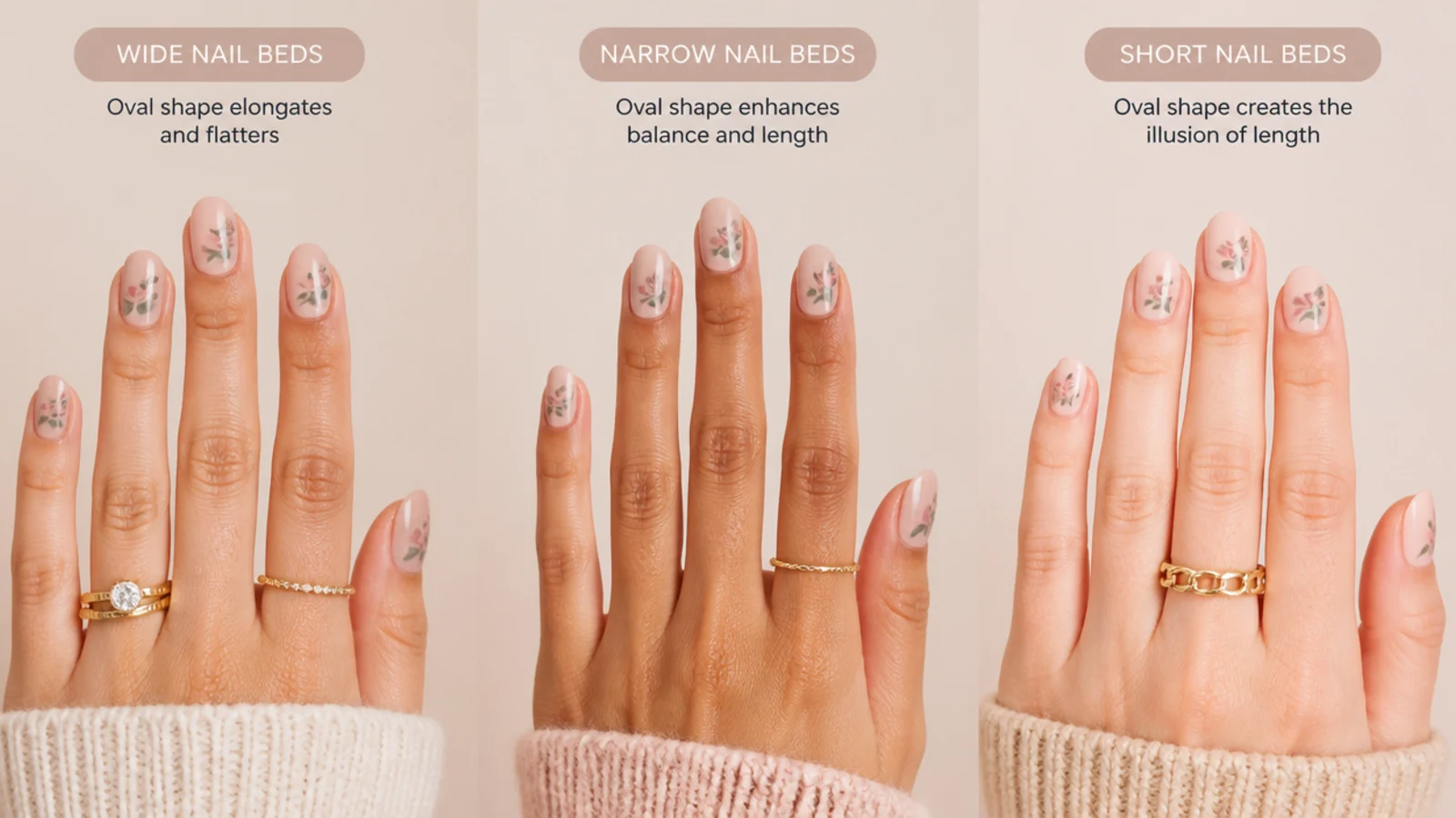 Three hands compared showing wide, narrow and short nail beds shaped into oval nails