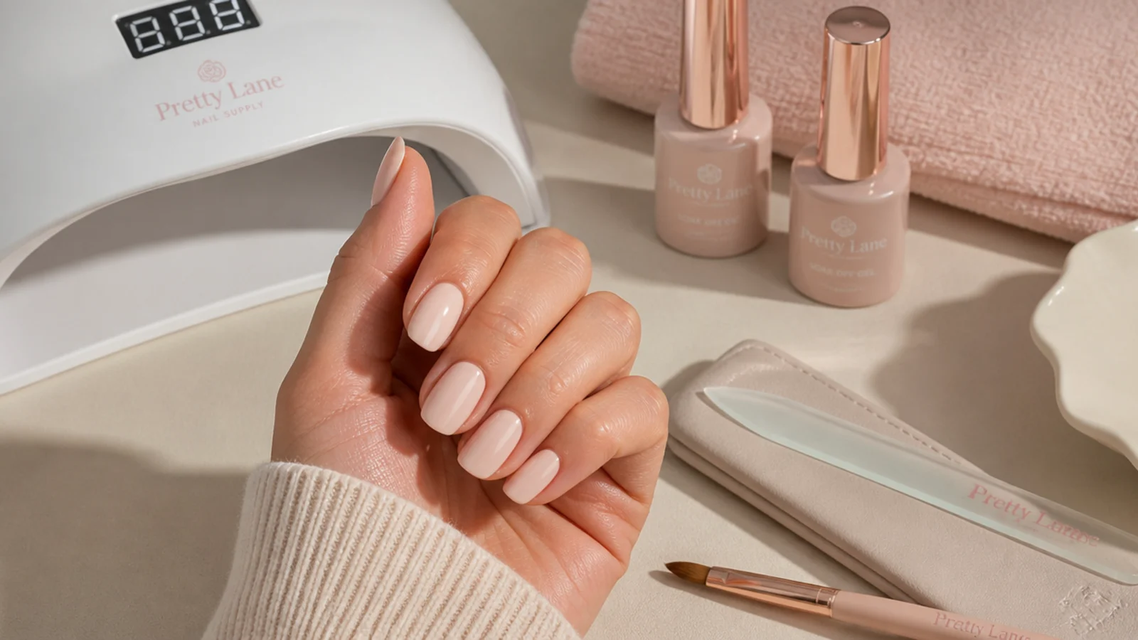 Nail salon station with glass file, gel lamp and nude polish bottles set up for an oval manicure