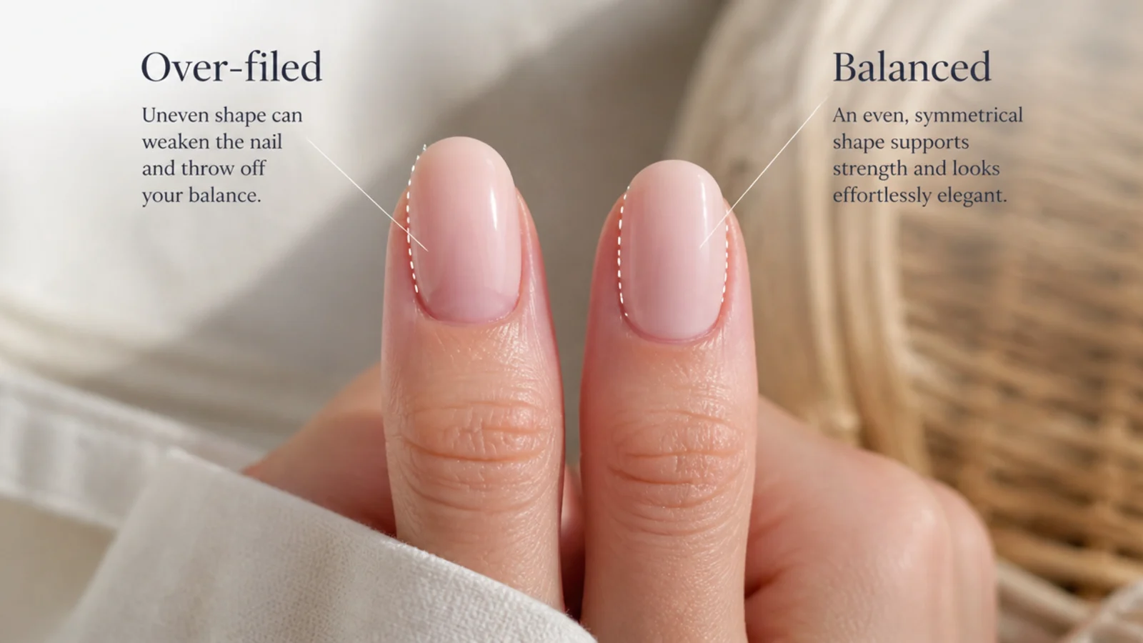 Two oval nails compared, one lopsided and over-filed and one symmetrical with an even curve