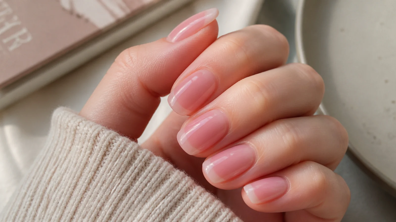 Translucent jelly pink oval nails with the natural nail visible through a glossy tinted overlay
