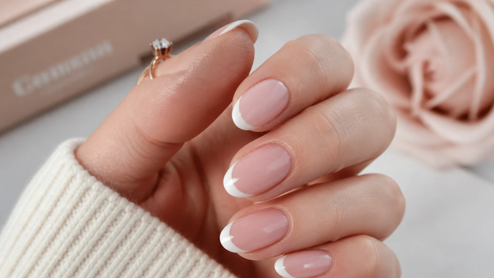 Oval nails with a soft white French tip curving around a milky pink base
