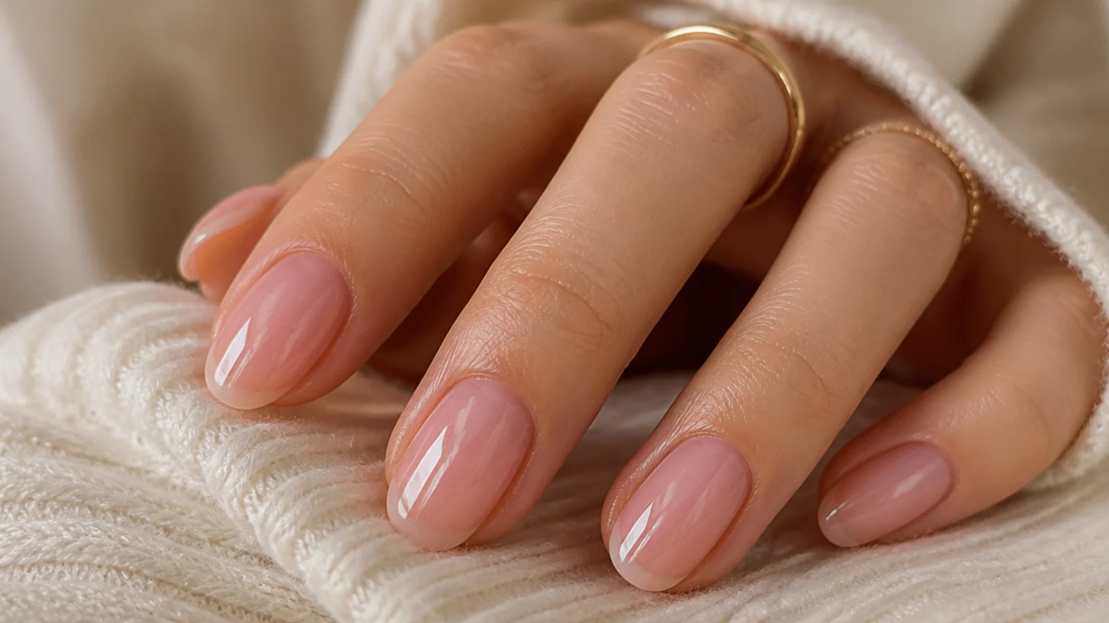 Glossy sheer pink soap nails on oval shape with a wet glazed finish and clean cuticles