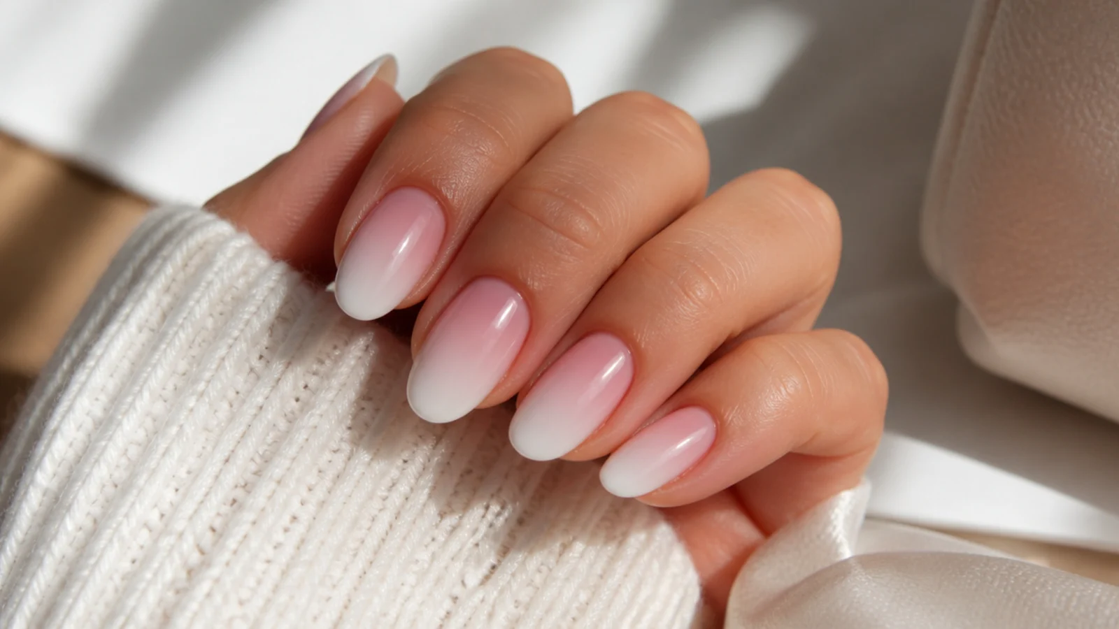 Oval nails with a pink to white baby boomer gradient blending seamlessly toward the tips