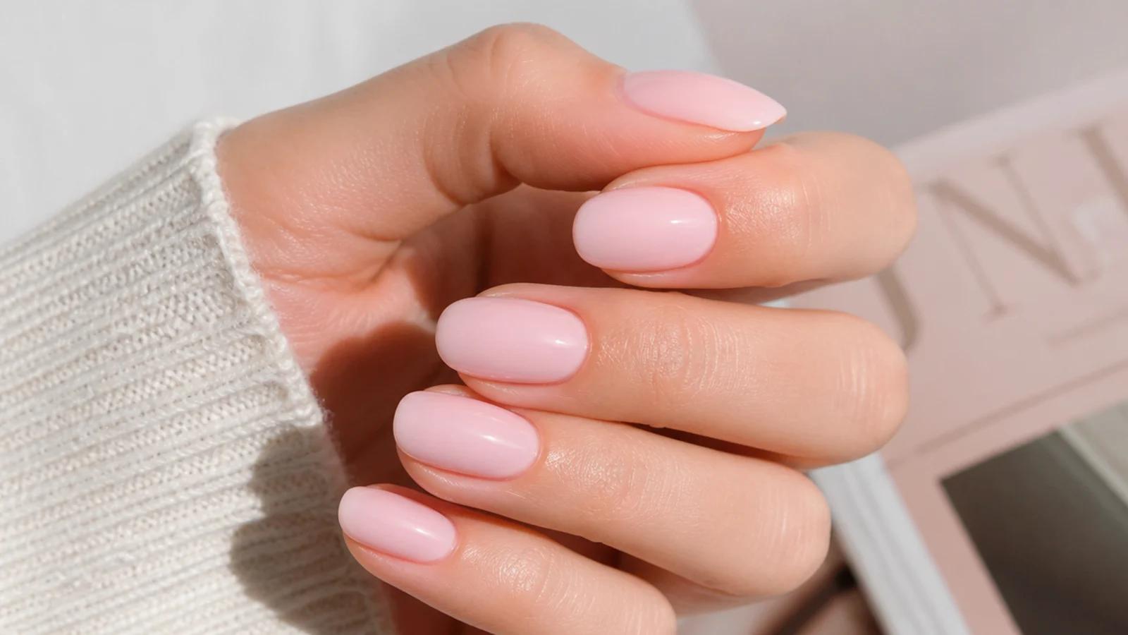 Medium oval nails in opaque cool ballet pink with a high gloss finish