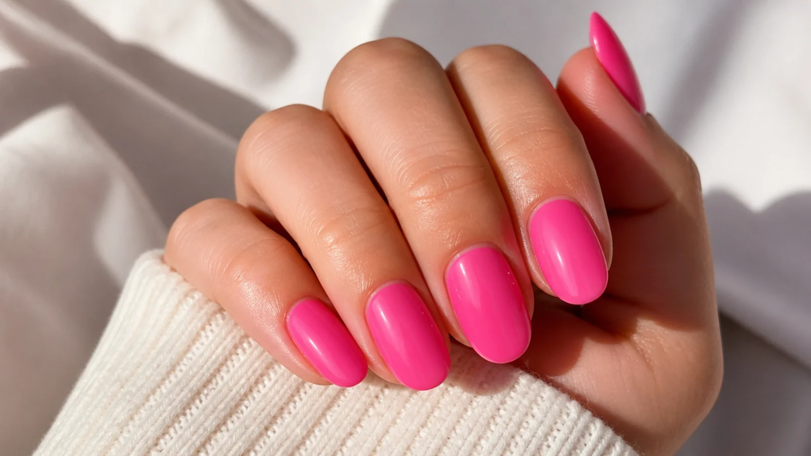 Bright bubblegum pink oval nails in a saturated opaque cream finish