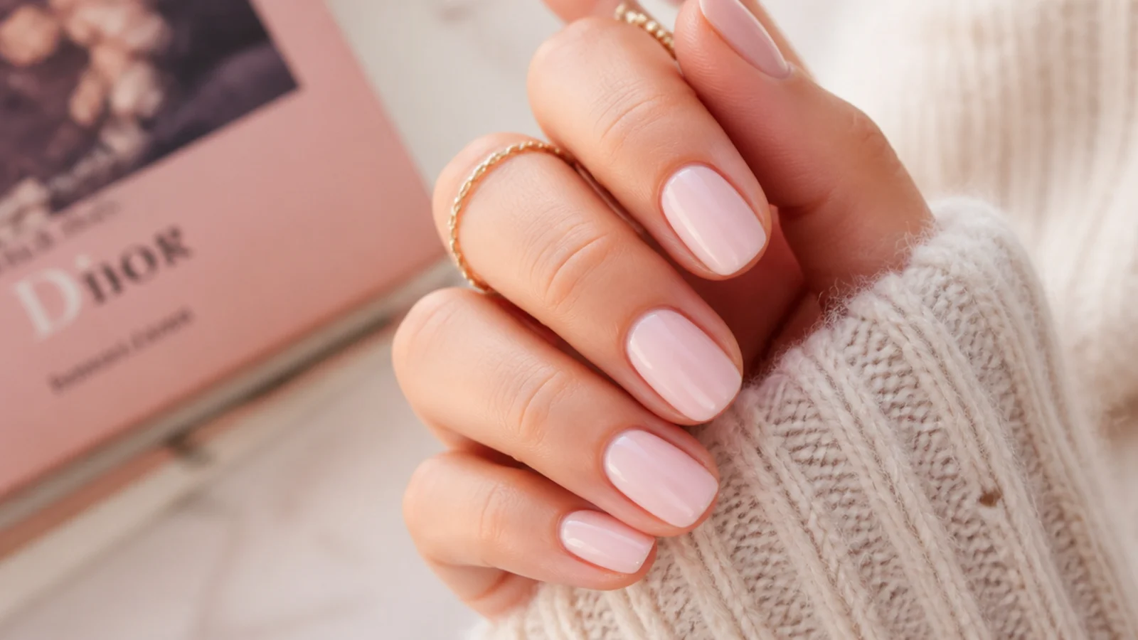 Short blush pink oval nails filed just past the fingertip with softly rounded edges