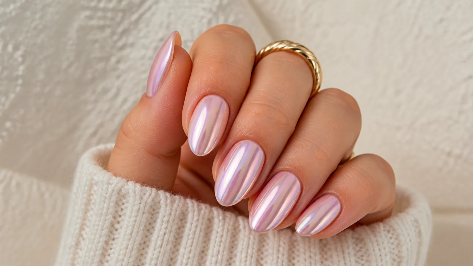 Pink chrome oval nails with a liquid mirror finish shifting between pink and silver