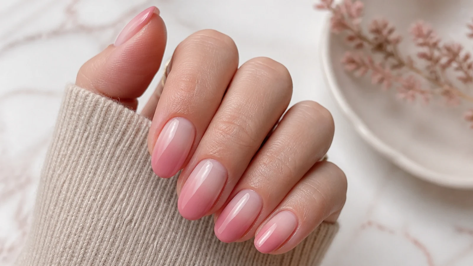 Oval nails with a cotton candy pink gradient fading from bright tips to pale cuticles