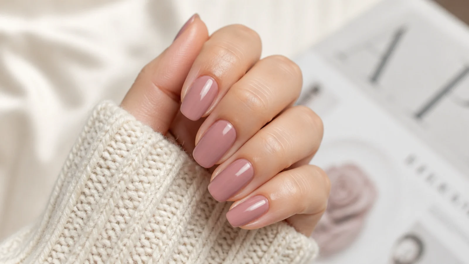 Medium oval nails in muted dusty rose with a soft cream finish and rounded tips