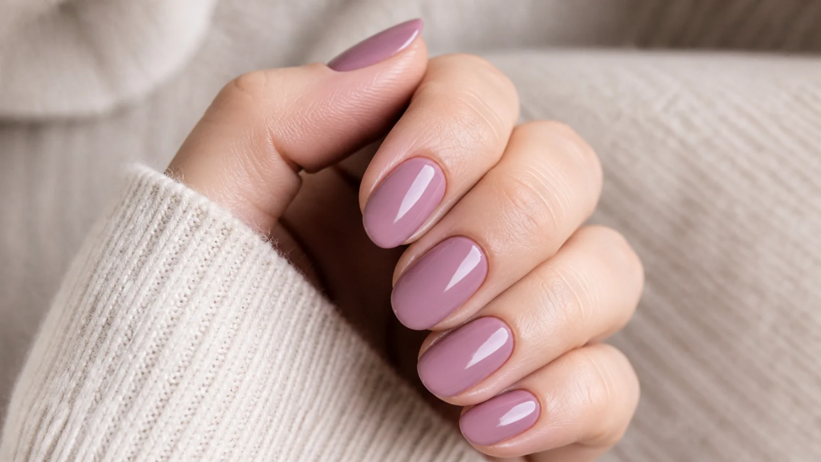 Oval nails in mauve pink with a cool violet lean and a glossy opaque finish