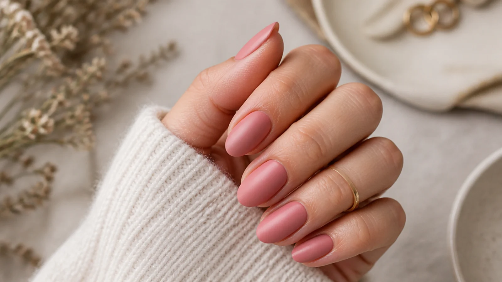 Matte dusty pink oval nails with a velvet flat finish and no shine