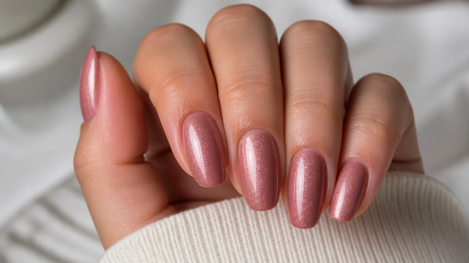 Dusty pink cat eye oval nails with a magnetic shimmer stripe running down each nail