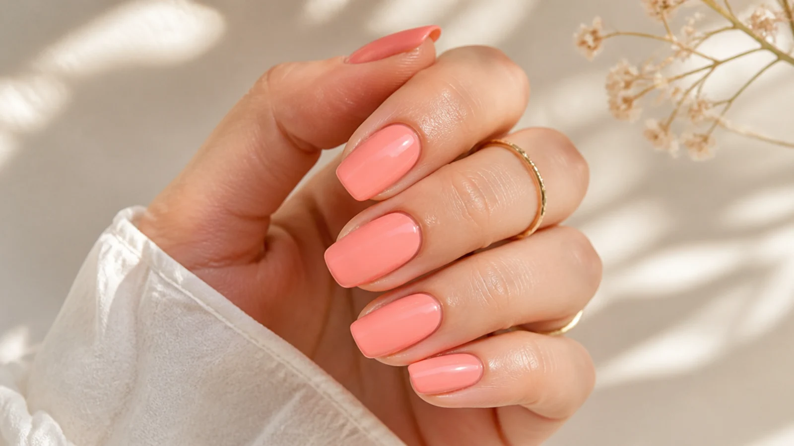 Oval nails in warm peachy pink with a soft opaque finish and rounded tips