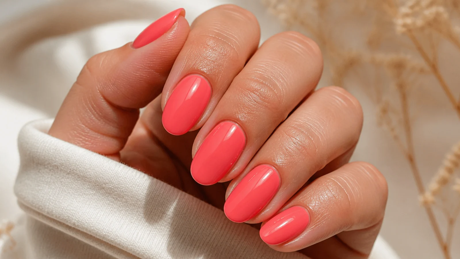 Bright coral pink oval nails in a saturated warm finish with glossy rounded tips