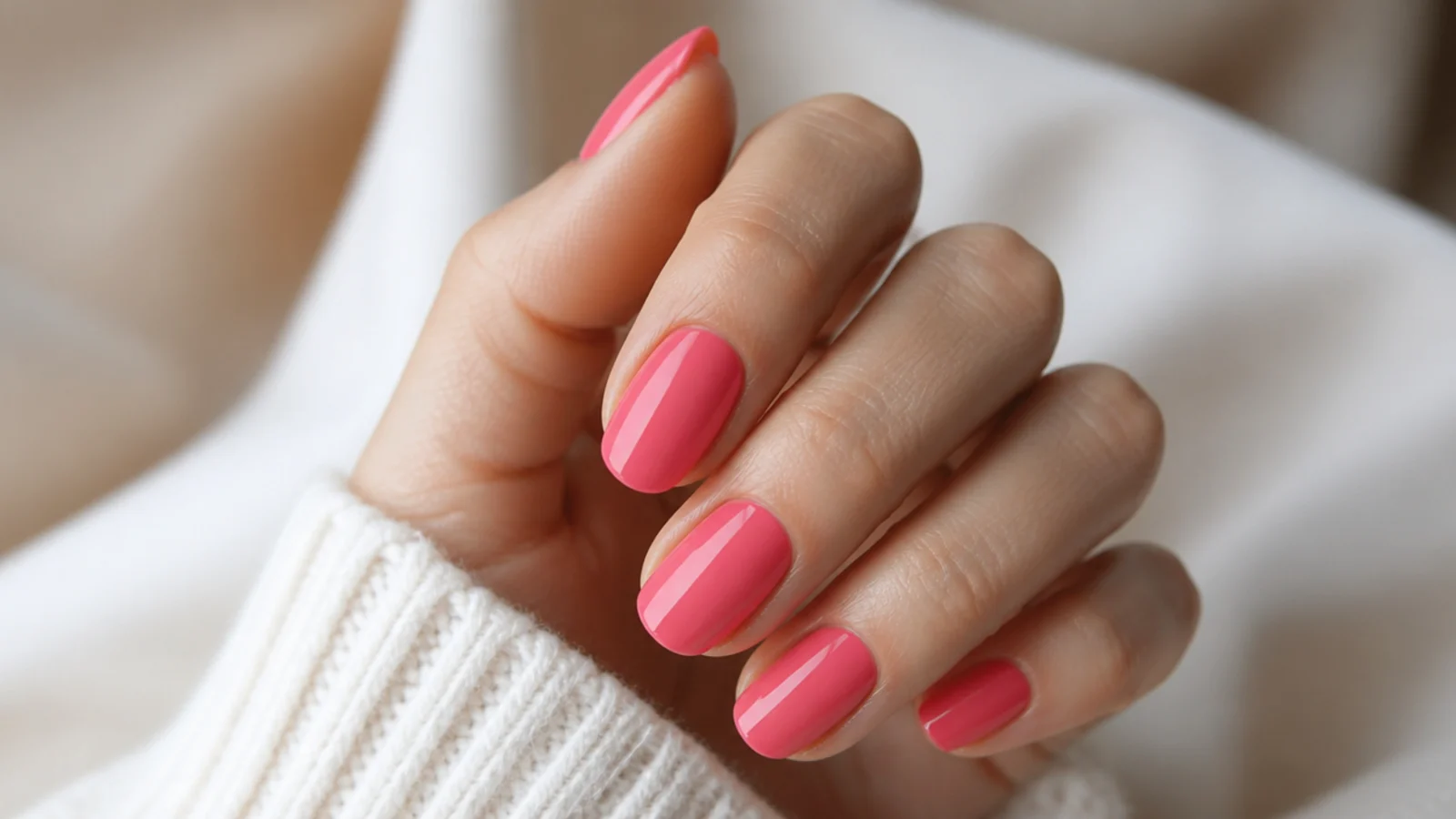Watermelon pink oval nails in a juicy warm pink with a high gloss jelly sheen