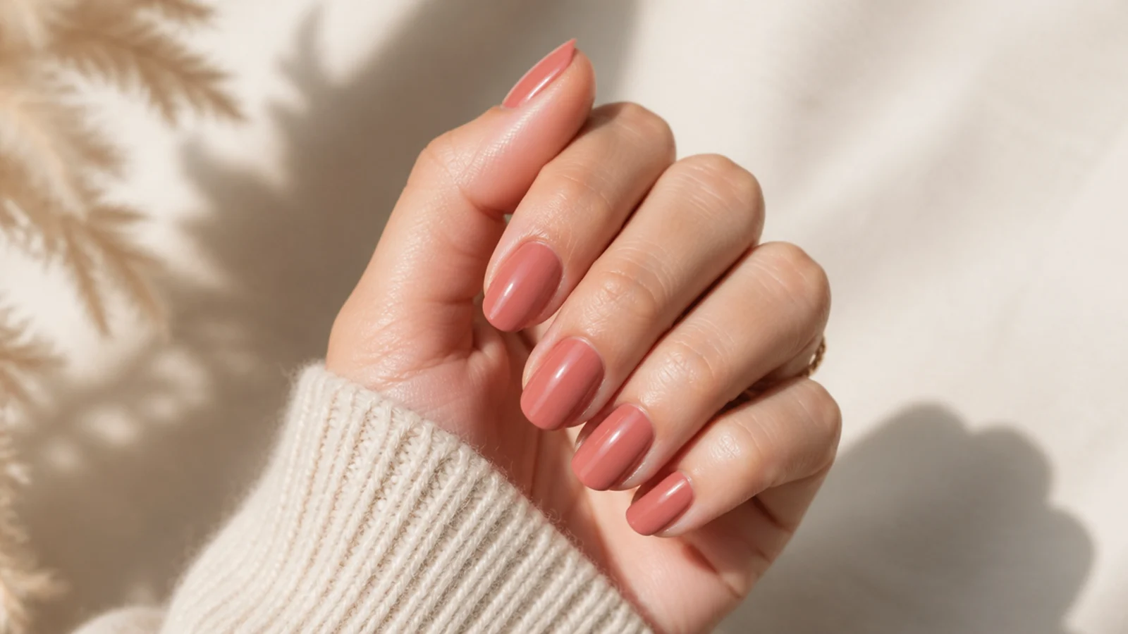 Oval nails in muted terracotta pink, a warm clay toned pink with a cream finish