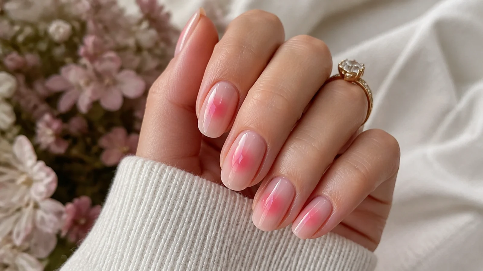 Oval nails with a warm pink aura halo airbrushed into the center of a pale peach base