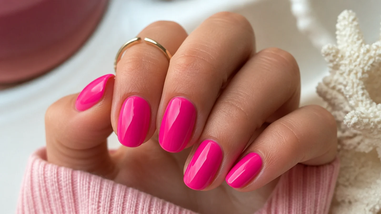 Hot pink oval nails in a saturated blue based bright pink with a high gloss finish