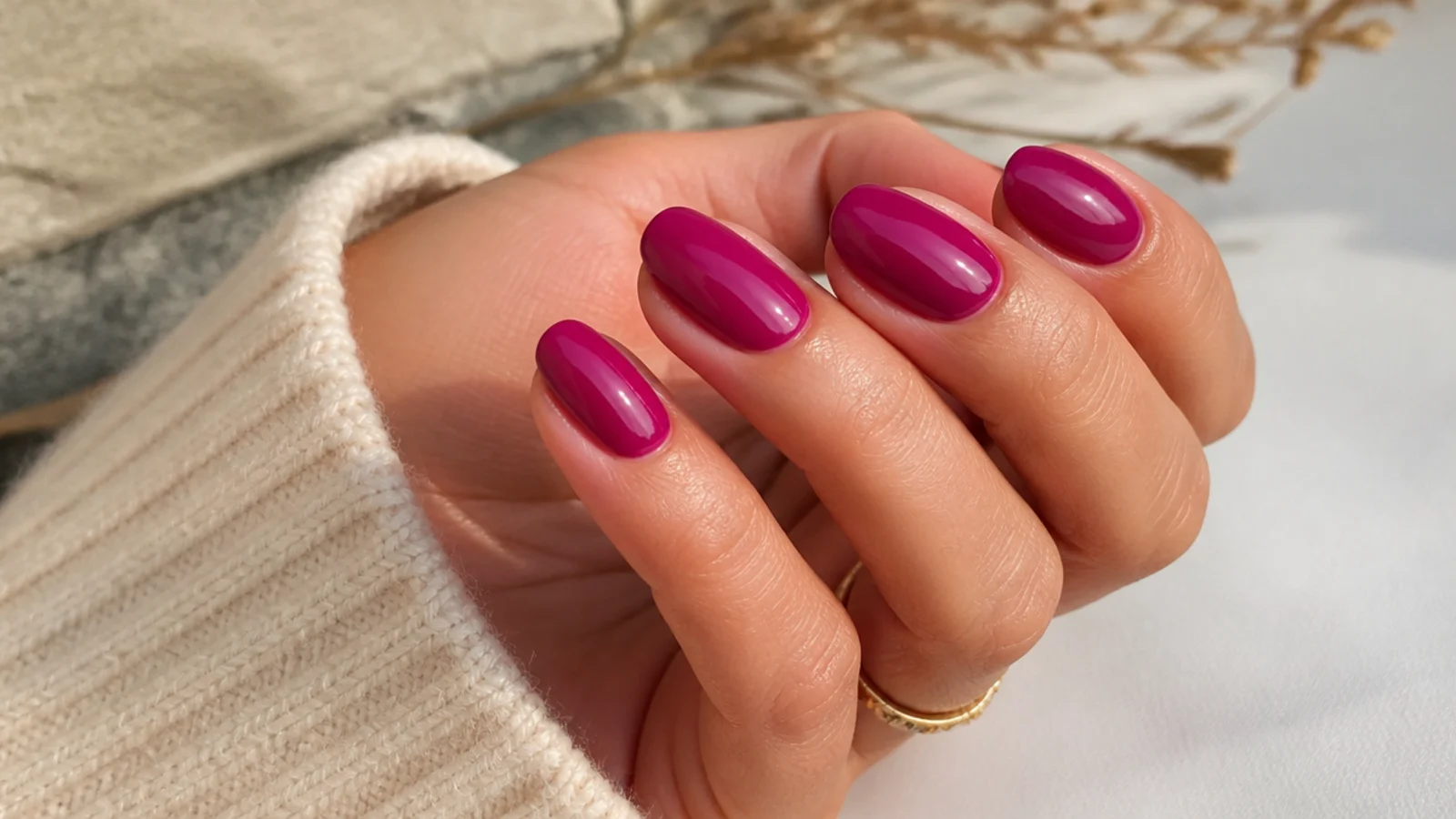 Deep magenta pink oval nails with a rich jewel toned glossy finish