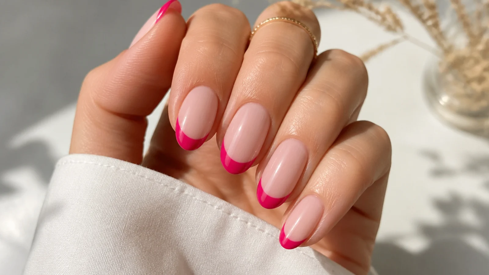 Oval nails with a hot pink French tip curving over a sheer nude base