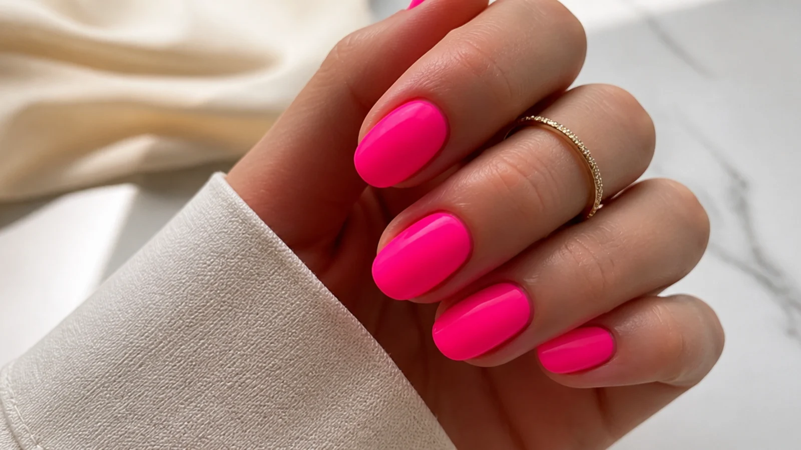 Neon pink oval nails in a vivid fluorescent pink with an opaque flat bright finish