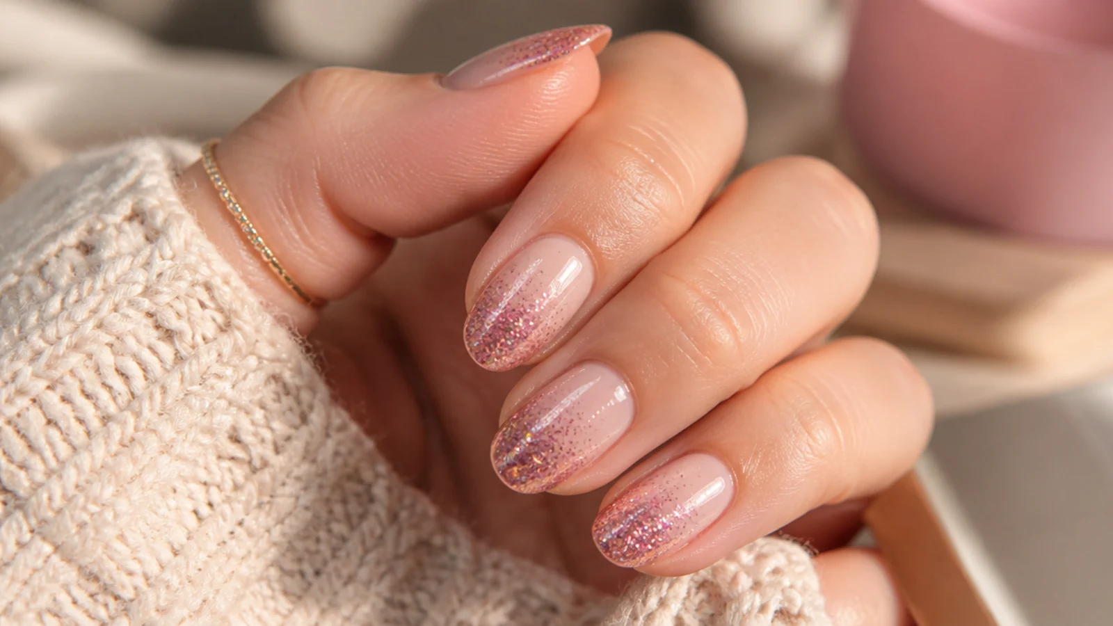 Oval nails with a rose pink glitter gradient densest at the tips fading toward the cuticles