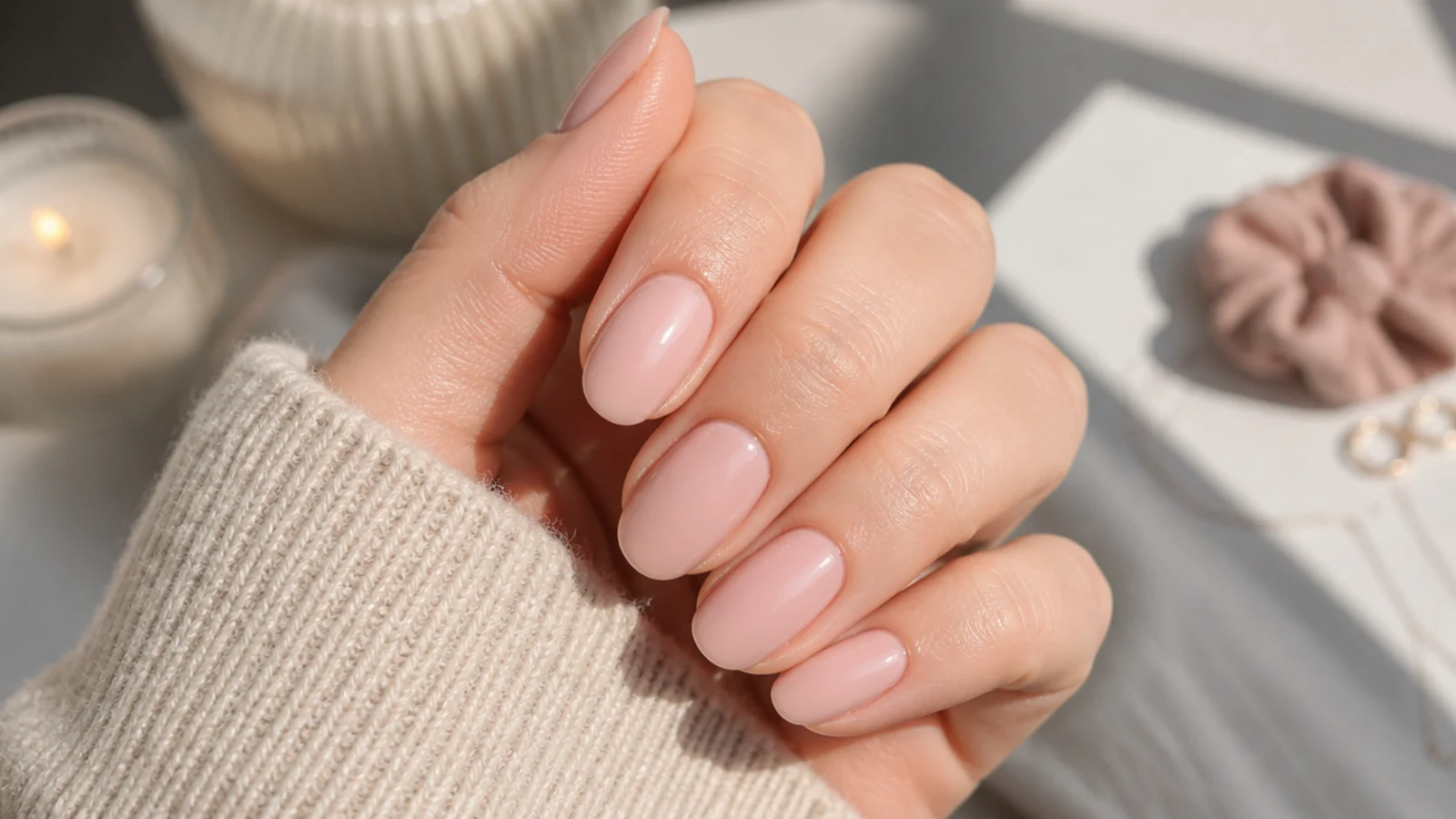 Medium length pink oval nails in milky blush with rounded tips and a glossy finish