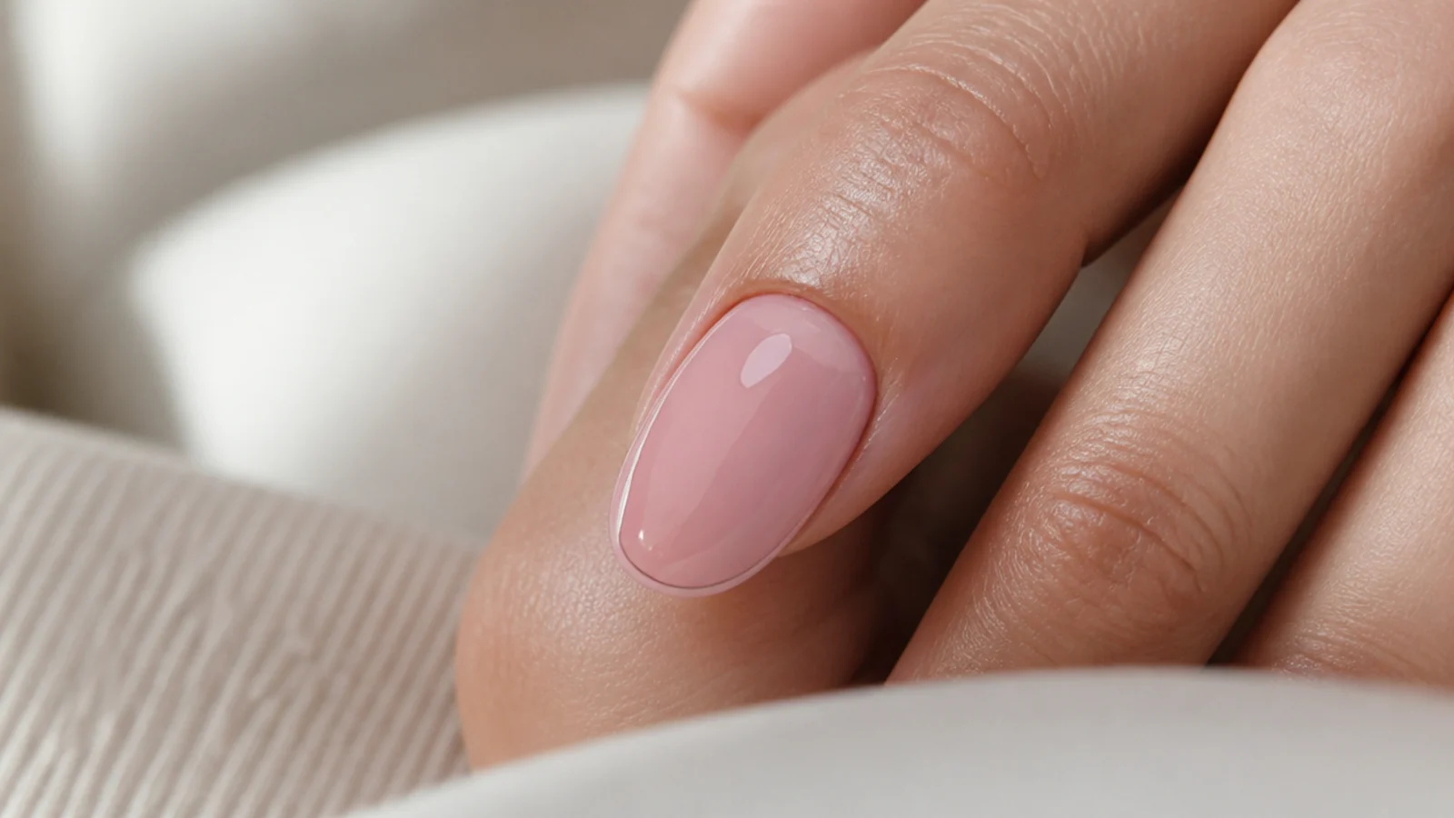 Close up of a pink oval nail tip showing the rounded free edge that spreads impact evenly