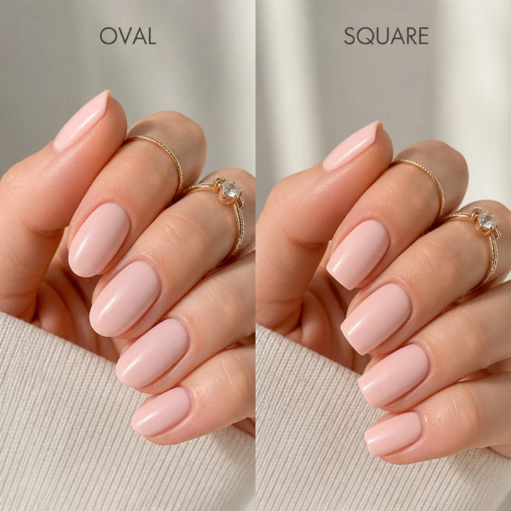 Oval and square nails compared side by side in the same pale pink shade showing the tip difference