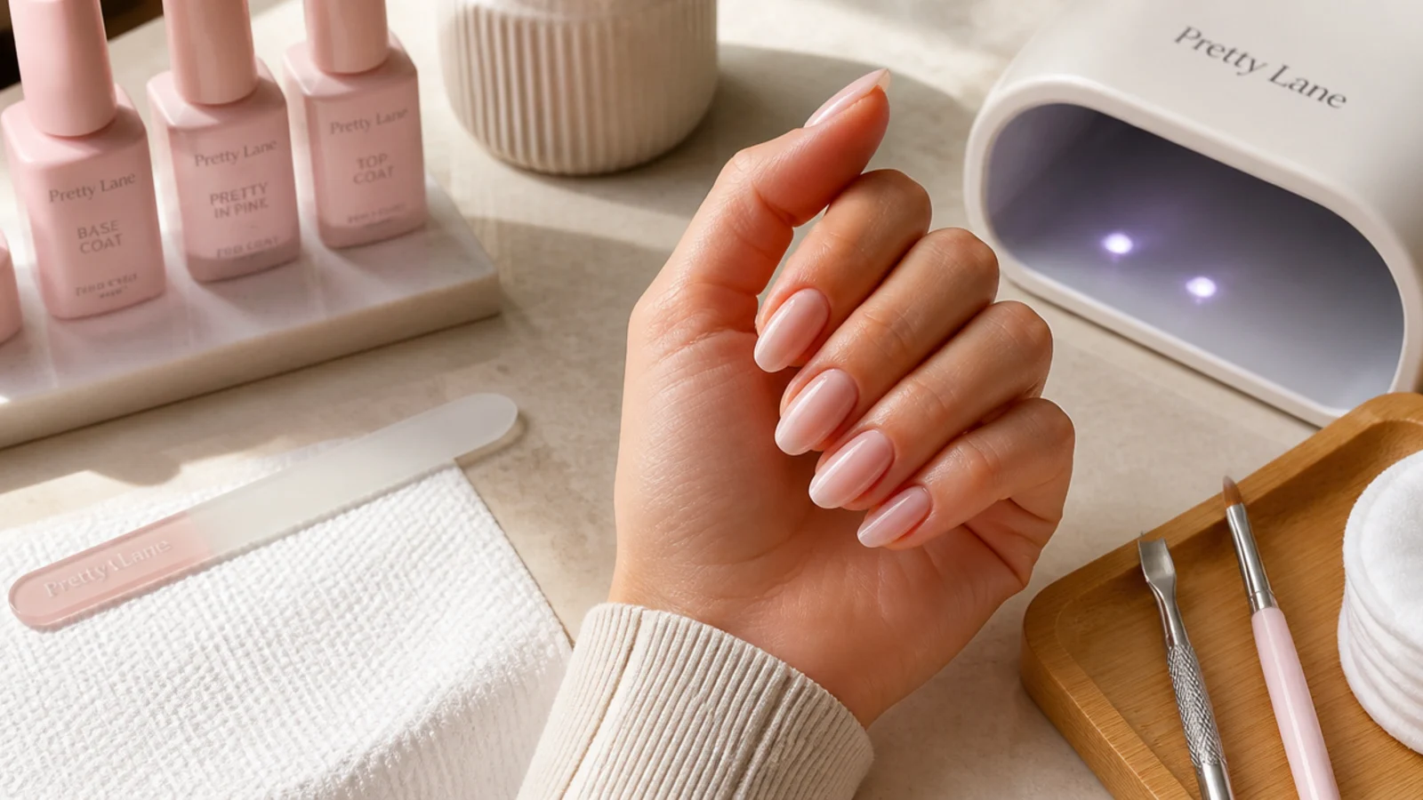 Nail salon station with pink gel bottles, a glass file and a curing lamp set up for an oval manicure