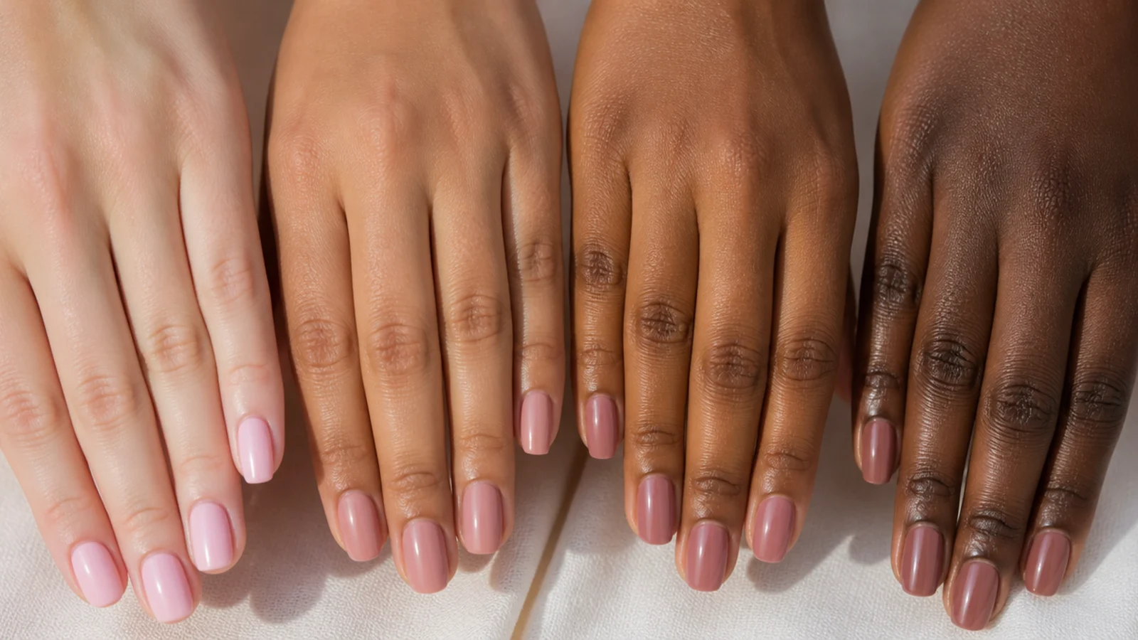 Four hands in different skin tones each wearing a different pink oval nail shade side by side