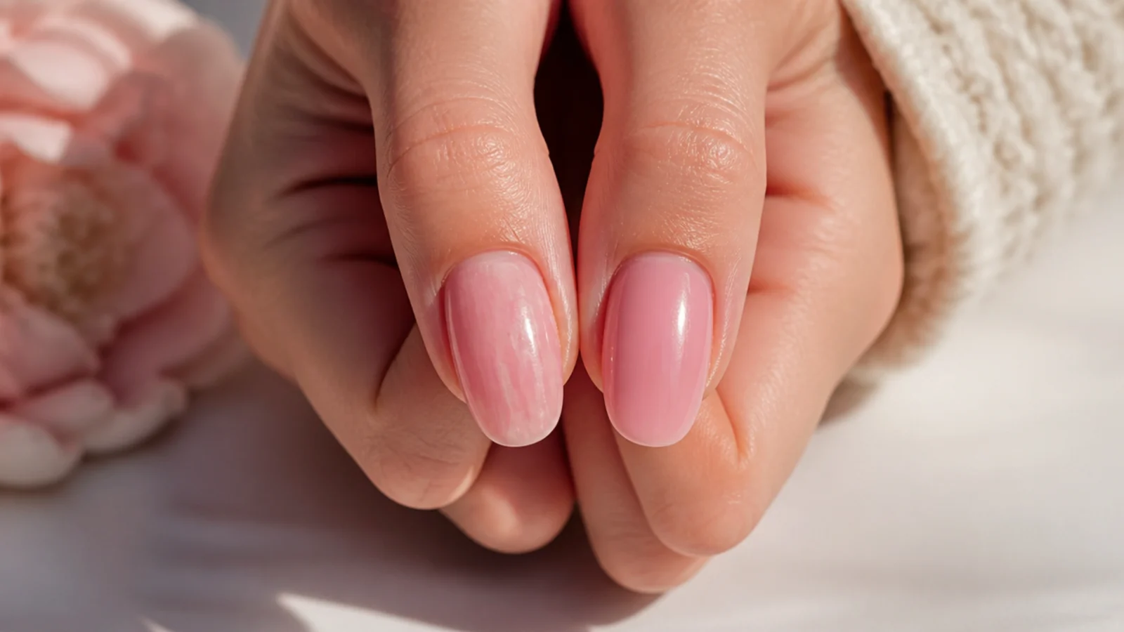 Two pink oval nails compared, one streaky and uneven and one smooth and evenly applied