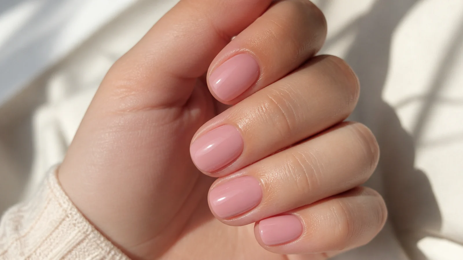 Short pink oval nails on natural nails with a 2mm free edge and clean rounded sidewalls